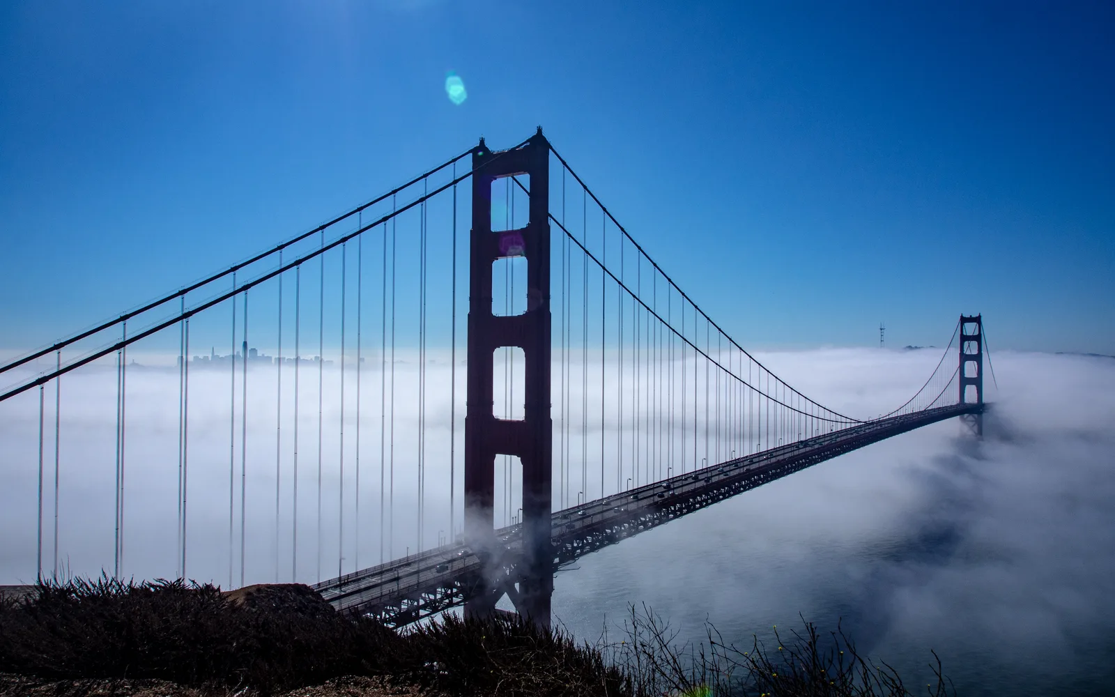 The Golden Gate Bridge spanning the Golden Gate Strait, framed by fog with steep hillsides in the foreground